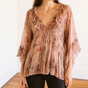Johnny Was Jade 100% Silk Pink Floral Ruffle Sheer Boho Chic Lagenlook Tunic Top